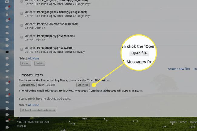 Gmailin tuontisuodattimet -osio, jossa Avaa tiedosto -painike on korostettuna
