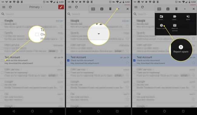 Gmail-sovelluksen kuvakaappaukset, joissa näytetään, kuinka viesti ilmoitetaan roskapostiksi