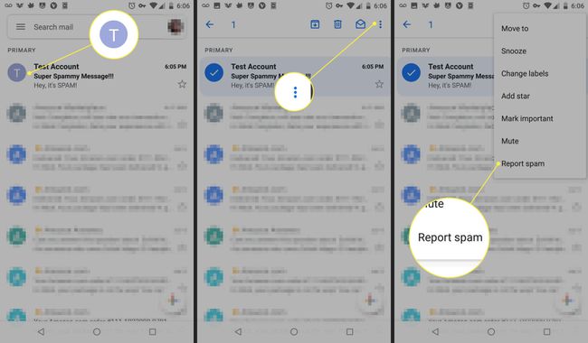 Gmail-sovelluksen kuvakaappaukset, joissa näytetään, kuinka tili voidaan ilmoittaa roskapostiksi