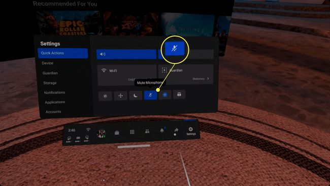 Oculus Questin pikatoiminnot mikrofoni mykistettynä ja sininen kuvake korostettuna