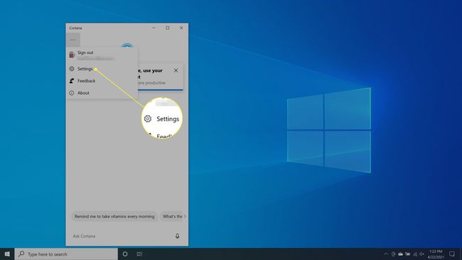 Asetusten valitseminen Cortana-sovelluksessa Windows 10:ssä.