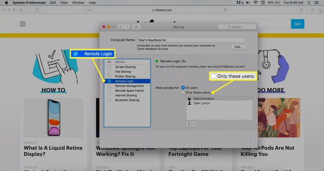 Etäkirjautuminen valittuna Macin jakamisasetuksissa