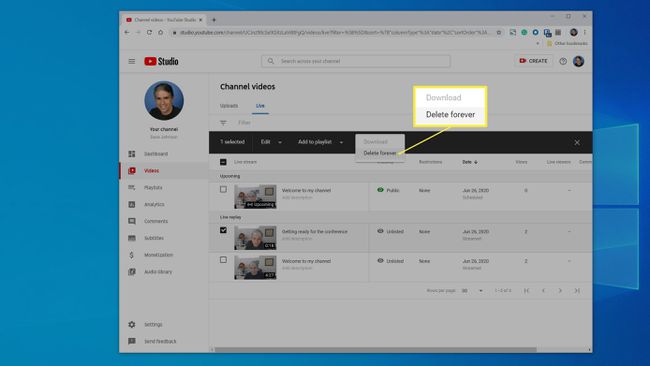 YouTube Studion käyttäminen suoratoistovideon poistamiseen.