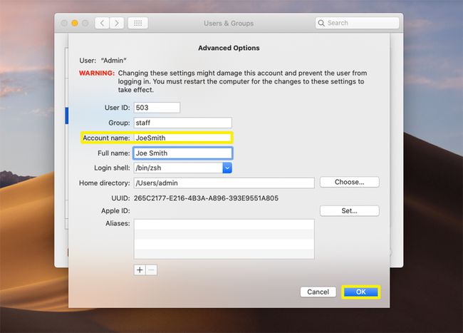 Tilin nimi -kenttä ja OK-painike korostettuna macOS-käyttäjien ja ryhmien lisäasetuksissa