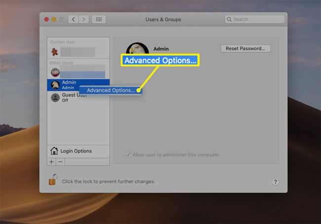 Lisäasetukset yksittäisille käyttäjille macOS:n Käyttäjät ja ryhmät -asetuksissa