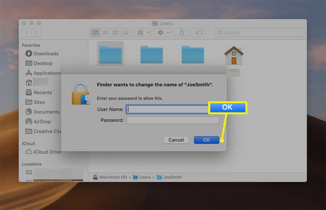 Valintaikkuna vahvistaaksesi kotikansion nimen muutoksen macOS:ssä
