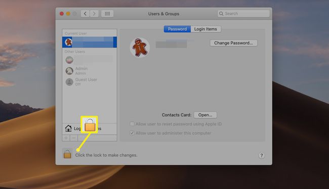 Käyttäjän ja ryhmien lukkokuvake, jolla voit muokata käyttäjien käyttöoikeuksia macOS:ssä