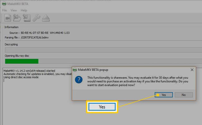 Kyllä-painike MakeMKV BETA -ponnahdusikkunassa