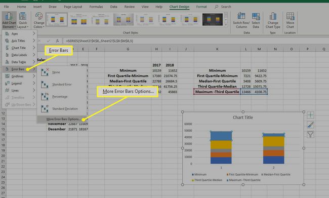 Excel, jossa on korostettuna enemmän vaihtoehtoja virhepalkeille