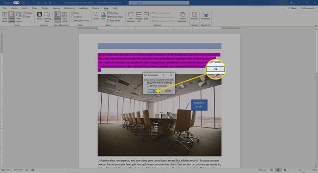 Makrokomennot Wordissa OK-painikkeen korostettuna