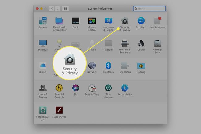 Macin järjestelmäasetukset, joissa Suojaus ja yksityisyys -vaihtoehto korostettuna