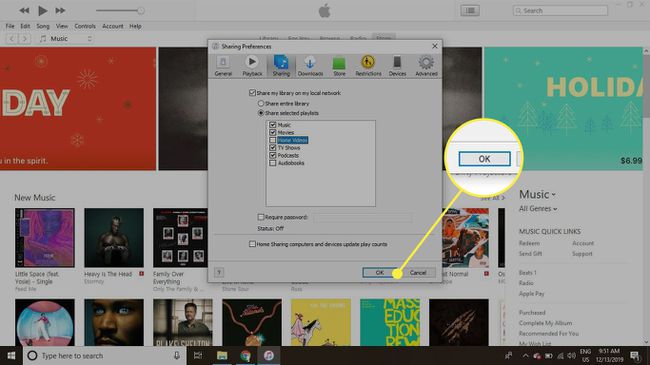 iTunesin jakamisasetukset OK-painikkeella korostettuna