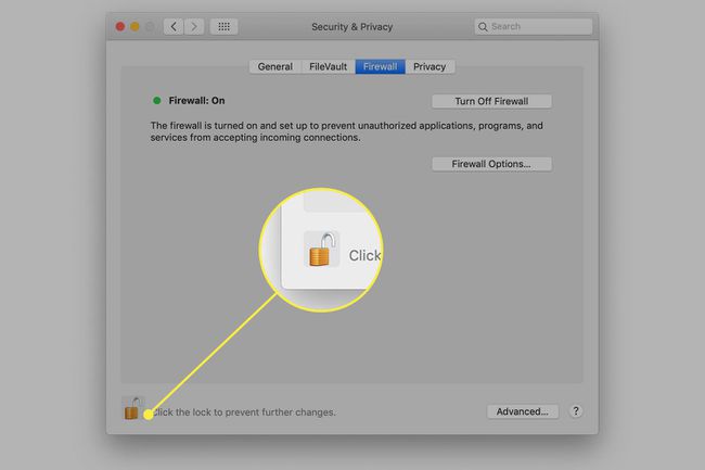 macOS:n tietoturva- ja tietosuoja-asetukset, joissa lukituspainike on korostettuna