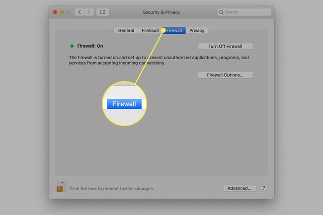 macOS-asetusten Suojaus ja yksityisyys palomuurin välilehdellä korostettuna