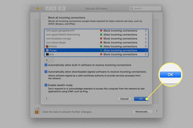 macOS-palomuuriasetukset ja OK-painike korostettuna