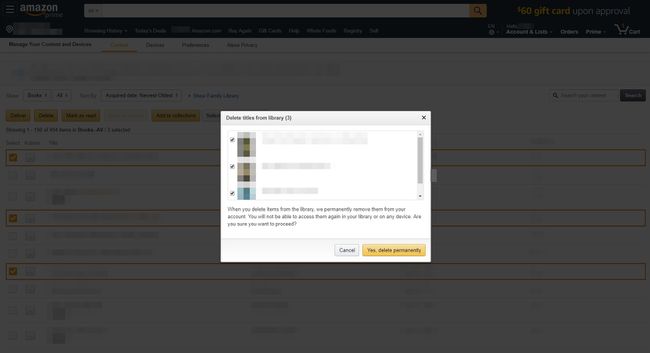 Amazon.com, jossa on kirjojen poisto -valintaikkuna