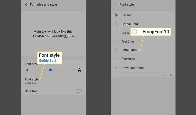 Fonttityyli ja Emoji-fontti 10 Androidin kirjasinasetuksissa