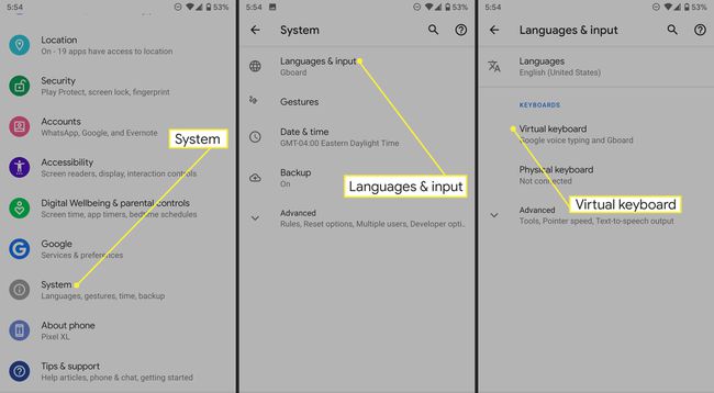 Järjestelmä, kielet ja syöttö, virtuaalinen näppäimistö Android-asetuksissa