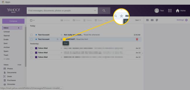 Yahoo Mail -postilaatikko, jossa tähtikuvake korostettuna