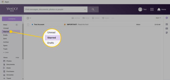 Yahoo Mail, jonka luokka on merkitty tähdellä