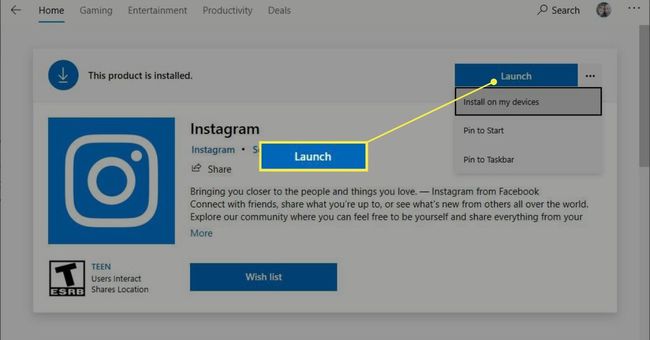 Käynnistä-painike Instagram-sovellukselle Microsoft Storessa