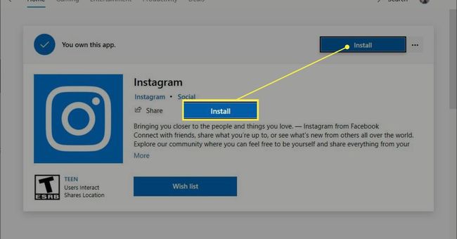 Instagram-sovelluksen asennuspainike Microsoft Storessa