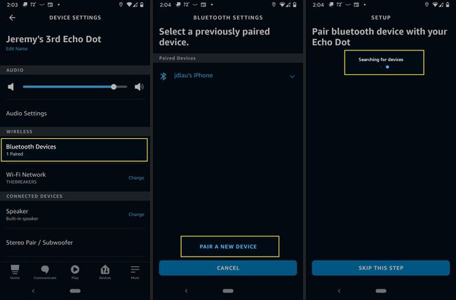 Muodosta laitepari Alexa-sovelluksen Echo Dotin kanssa Bluetooth-laitteen kanssa, yhdistä uusi laite ja etsi sovelluksia korostettuina