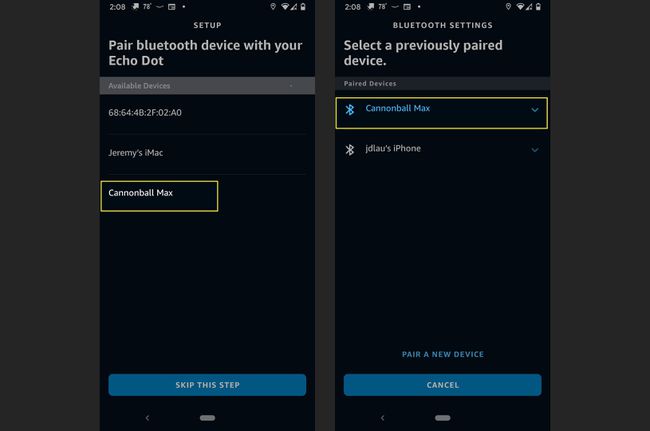Viimeiset vaiheet pariliitoksen muodostamiseksi Echo Dotin kanssa Alexa-sovelluksessa, jossa Bluetooth-laite on korostettuna