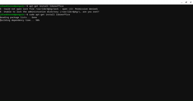 Kuvakaappaus Linux-pääteikkunasta, jossa sudo-komento on suoritettu.