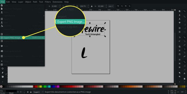 Kuvakaappaus Inkscapesta, jossa on Export PNG Image -komento korostettuna