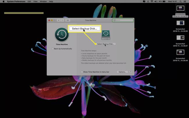 Time Machine Macissa, jossa on Select Backup Disk 