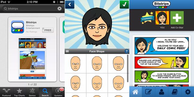 Lataa näyttö, kasvojen muotoinen näyttö ja aloitusnäyttö Bitstrips-sovellukselle iOS:ssä