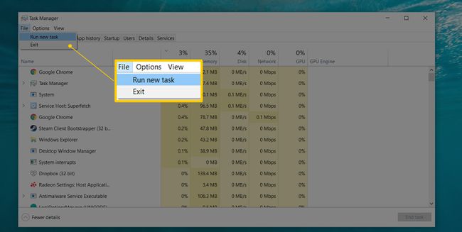 Suorita uusi tehtävävalikkokohde Windows 10:n Task Managerin Tiedosto-valikosta