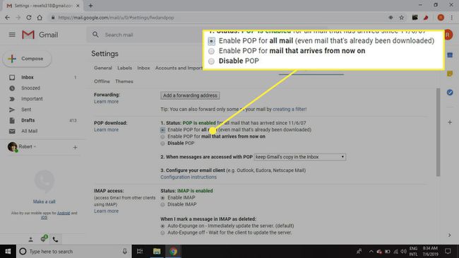 Kuvakaappaus Gmailin POP-asetuksista POP-latausvaihtoehdot korostettuina