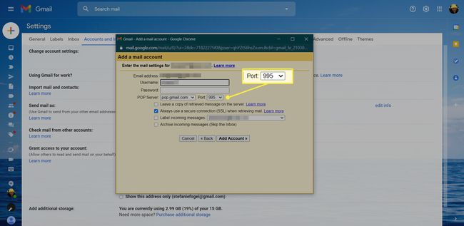 Gmail Lisää sähköpostitilin asetukset Portti-vaihtoehto korostettuna