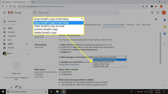 Kuvakaappaus Gmailin POP-asetuksista latausvaihtoehdot korostettuina