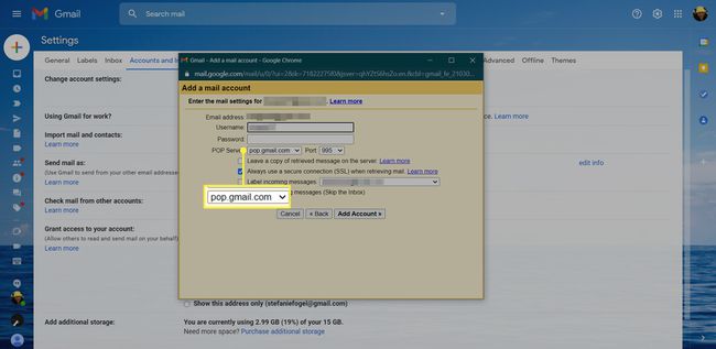 Gmail Lisää sähköpostitili, jossa POP-palvelin on korostettuna