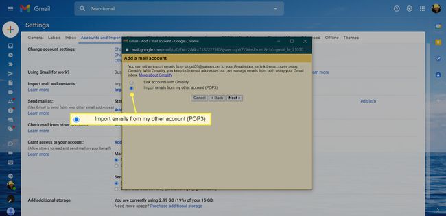 Lisää Gmailiin sähköpostitilin näyttö, jossa Tuo sähköpostit toisesta tilistäni (POP3) on korostettuna