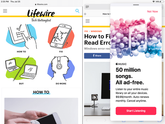 kuvakaappaus Safari Split Screen -näytöstä iTunesin kanssa Slide Over -tilassa