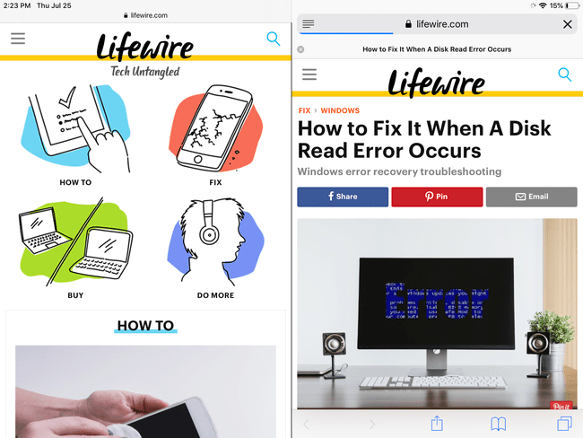 kuvakaappaus Safari Split Screen -näytöstä iPadissa