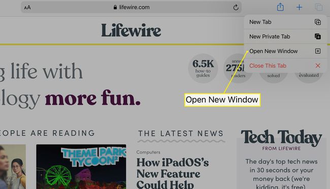 Avaa uusi ikkuna, joka on korostettuna Safarin iPadin välilehtivalikossa