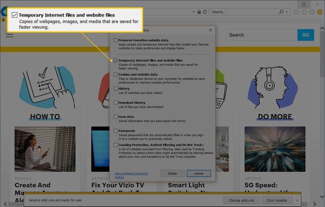 Valintaruutu Väliaikaiset Internet-tiedostot ja Internet Explorerin verkkosivustotiedostot