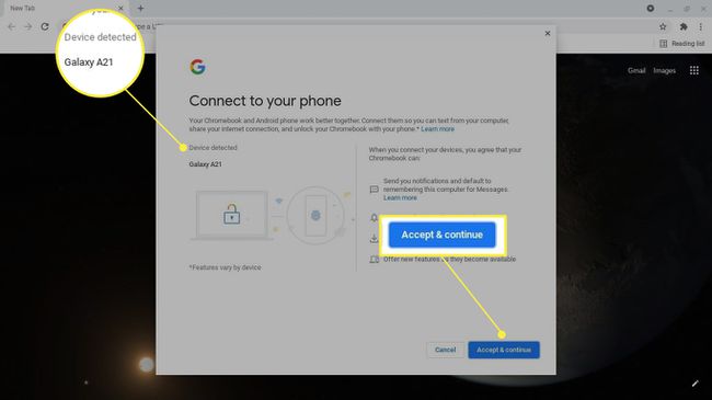 Hyväksy ja jatka sekä Puhelin havaittu korostettuna Chromebookin Yhdistä puhelimeen -näytössä