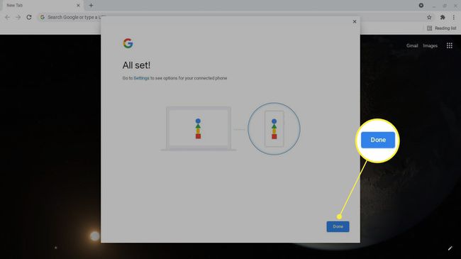 Merkitty valmiiksi Chromebookin Yhdistä puhelimeen -näytössä