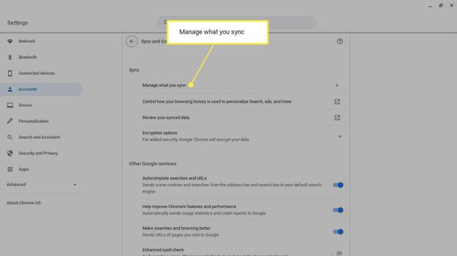Hallitse, mitä synkronoit korostettuna Chromebookin asetuksissa