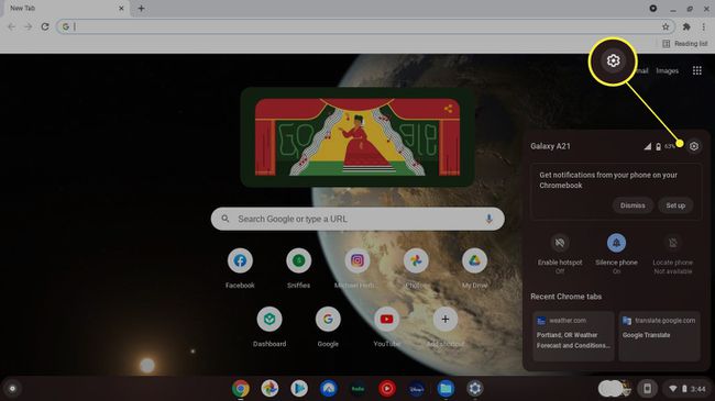 Chromebook Phone Hub, jossa Asetukset-vaihteet korostettuina