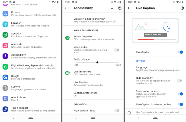 Asetukset, Esteettömyys, Livetekstitysnäytöt Androidissa