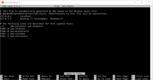 /etc/hosts-tiedosto NANOssa Ubuntulle WSL:ssä