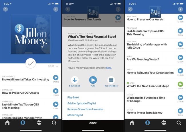 Kuvakaappaus Stitcher iPhone -sovelluksesta, jossa näkyy Jill on Money -podcastin jakson lataus.