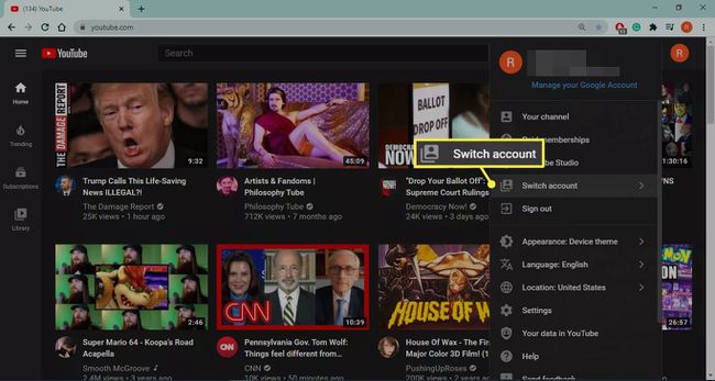 Vaihda tiliä YouTube-valikosta